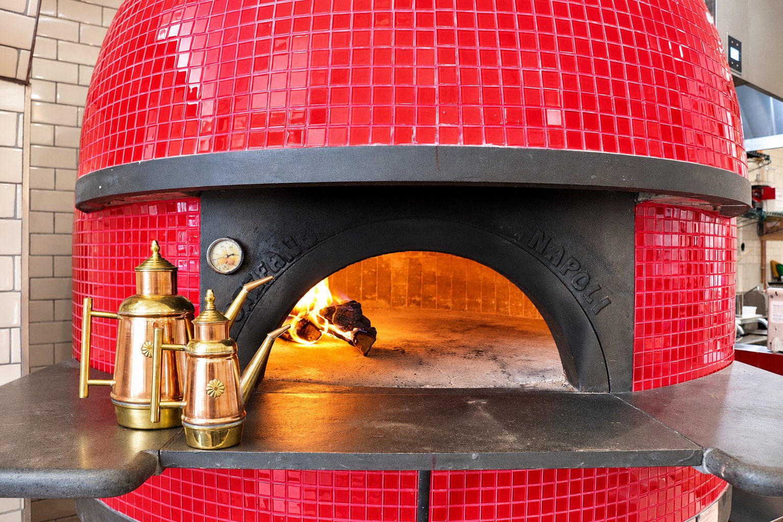 The red tiled wood-burning oven at Il Casaro