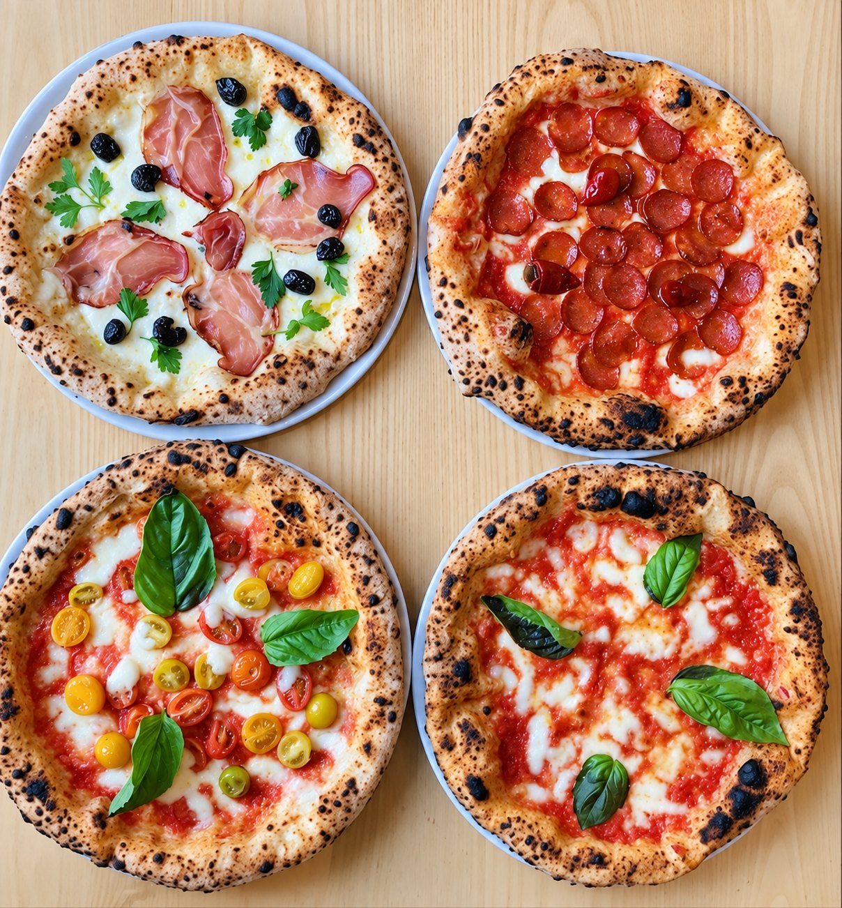 Four wood-fired pizzas photographed from above