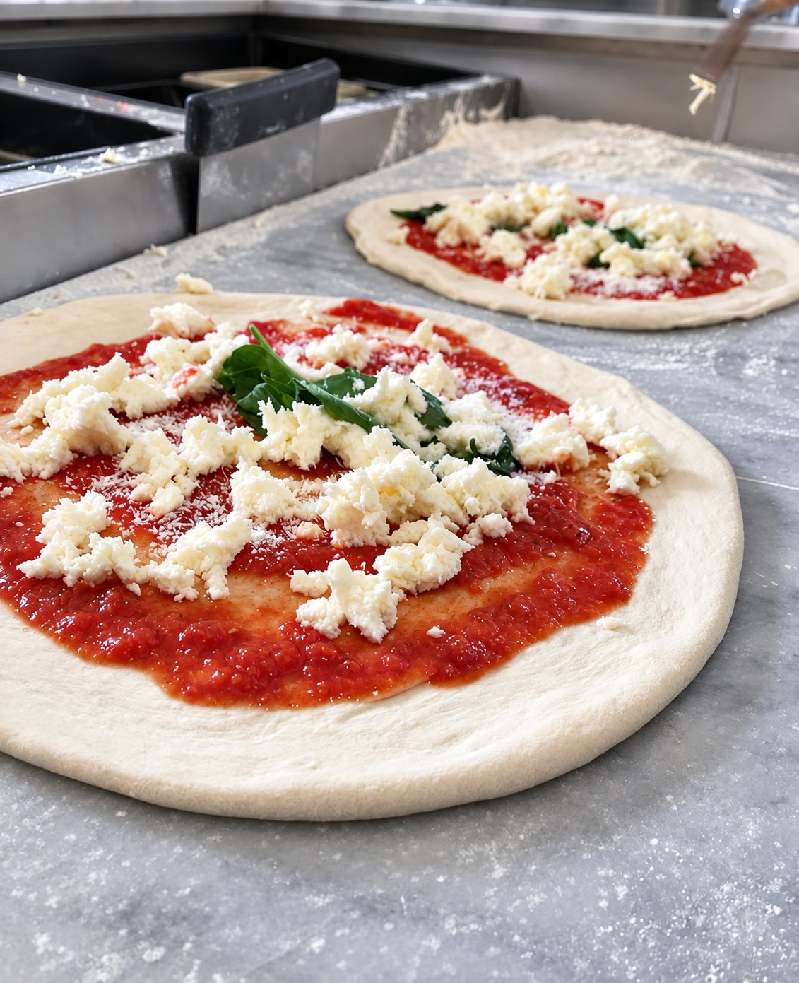 Pizza being prepared with tomato and mozzarella